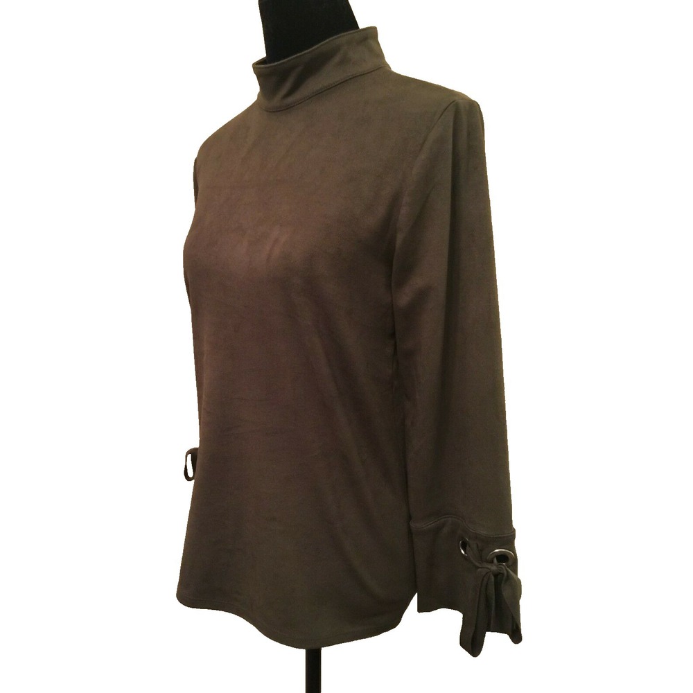 Chico's Womens Mock Neck Top Sz 1 Green Faux Suede Long Sleeve Tie Cuff Stretch - Picture 5 of 12
